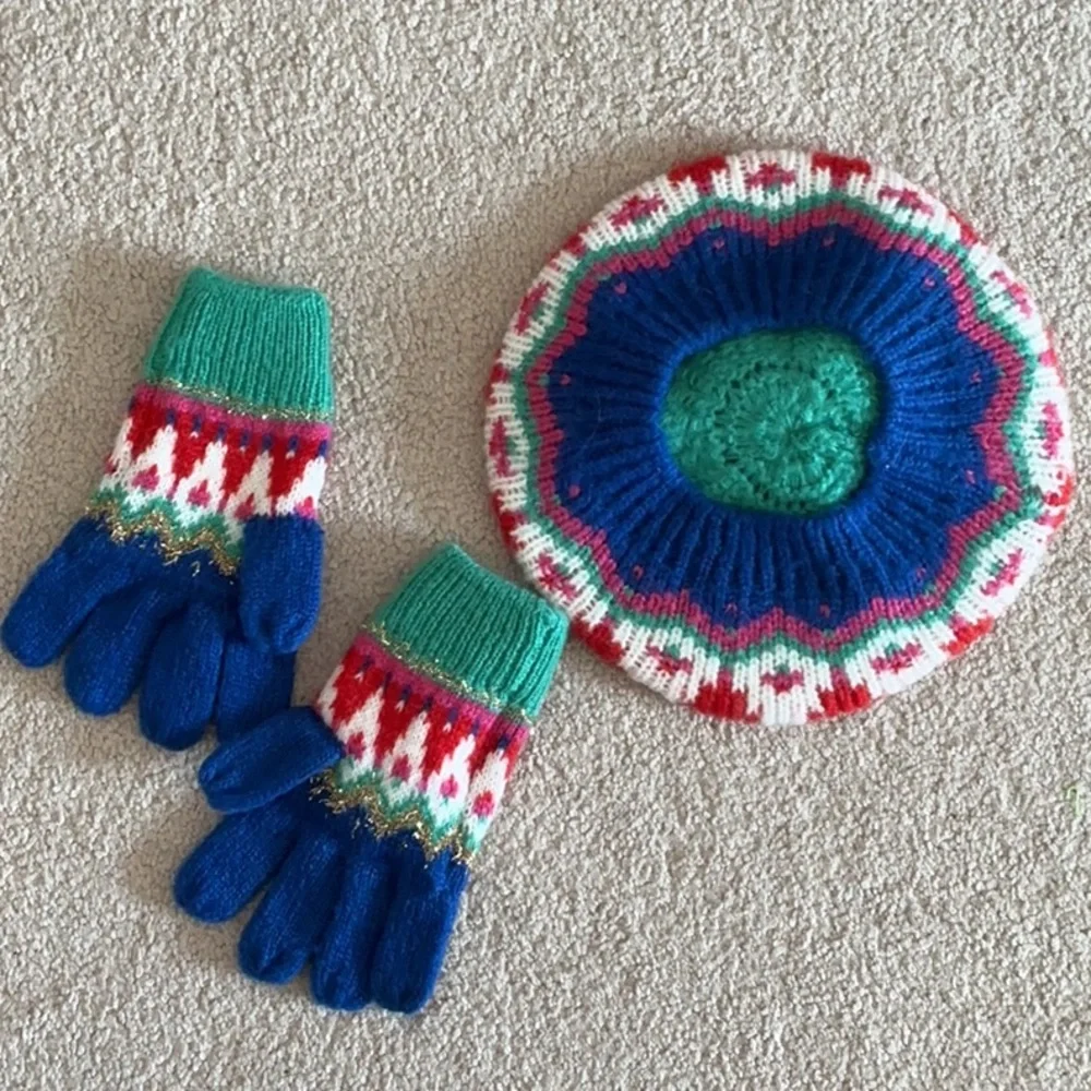 Mini Boden Festive Knit Mittens and Hat Set - Red, Green, Blue